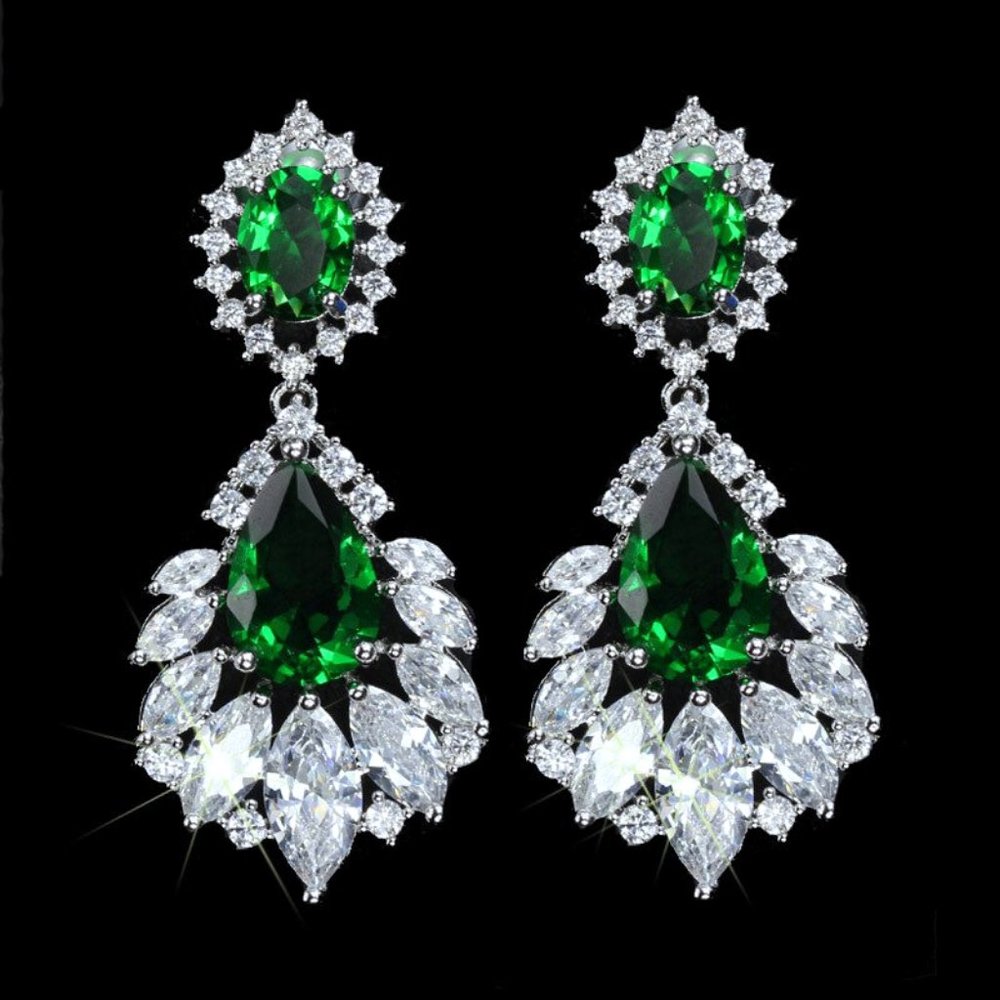 Emerald Green Elegant Chandelier Drop Cubic Zirconia Bridal Earrings - Picture 3 of 7